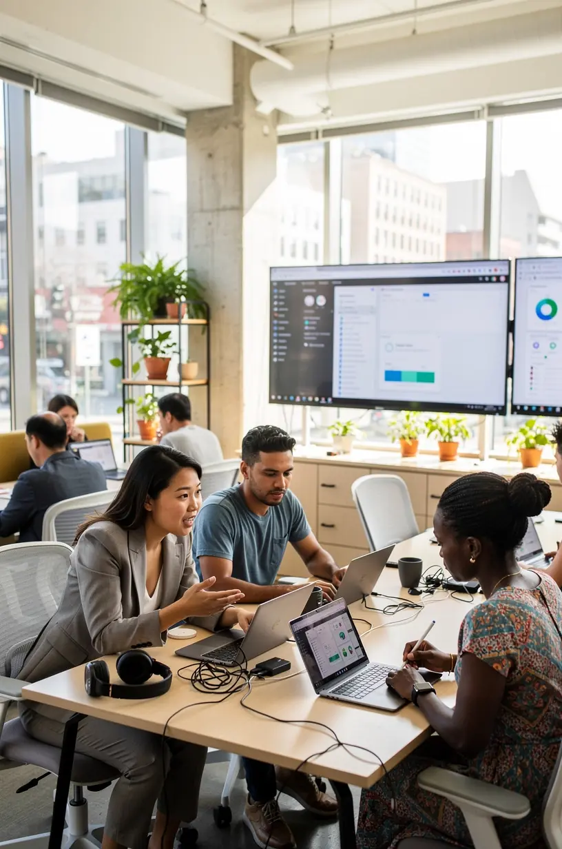 Image of a person using a smartphone and laptop simultaneously to manage daily tasks with practical technology tools in a modern home office setting.